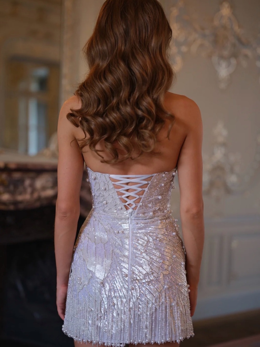 Backless white Sequin Mini Dress with Lace-Up Back - bridal after party - Picture 3 of 13